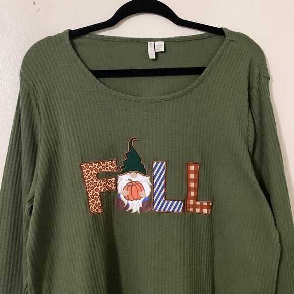 Green Autumn Fall Waffle Knit Pumpkin Gnome Oversized Long Sleeve Top 14/16W - Picture 2 of 8